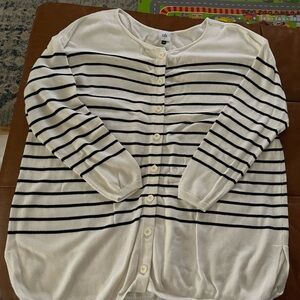 CAbi White Cardigan with Black Stripes